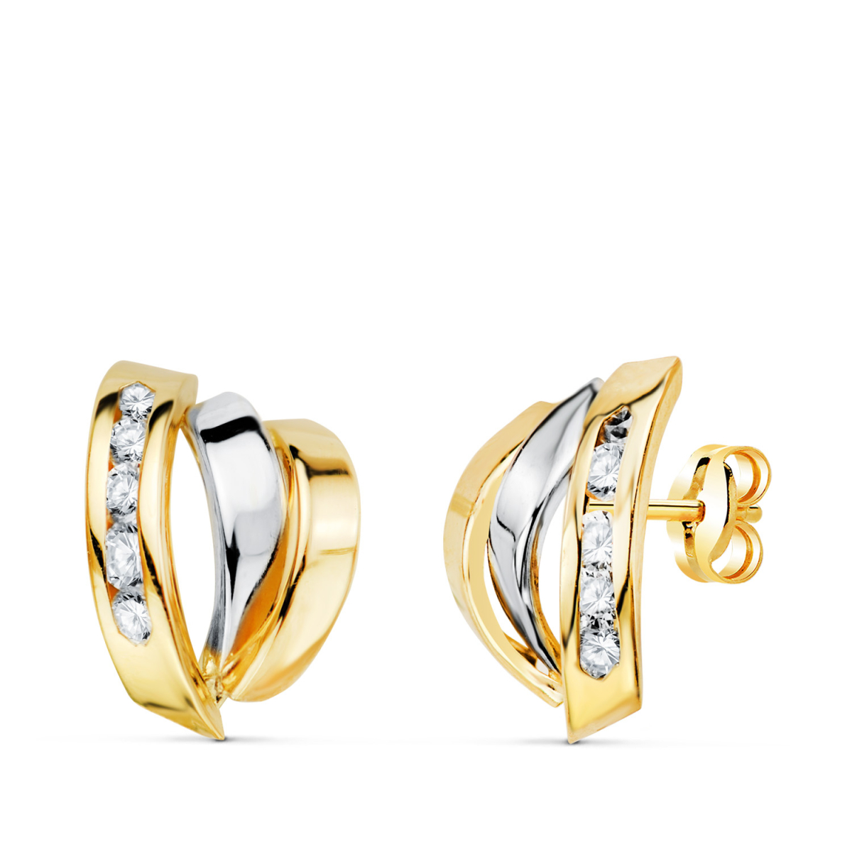 18K PENDIENTES ORO BICOLOR BANDAS CON CIRCONITAS. MEDIDA: 15X10 MM. CIERRE PRESION 1