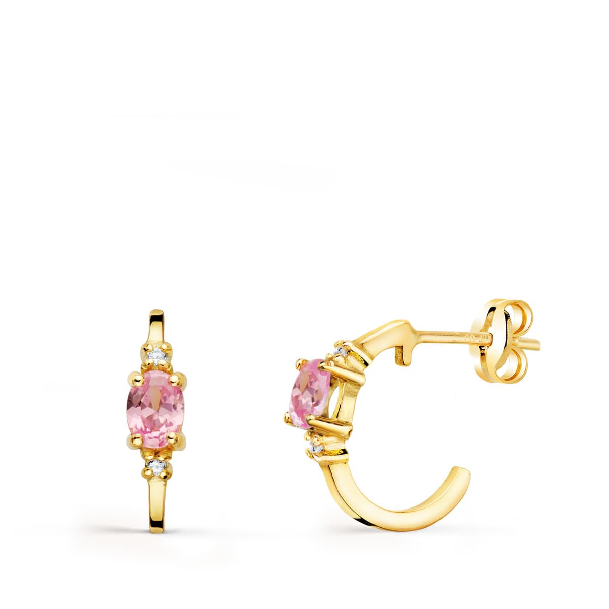 18K PENDIENTES ORO AMARILLO MEDIO ARO LISO CON CIRCONITA ROSA 12X3 MM CIERRE PRESION. 1