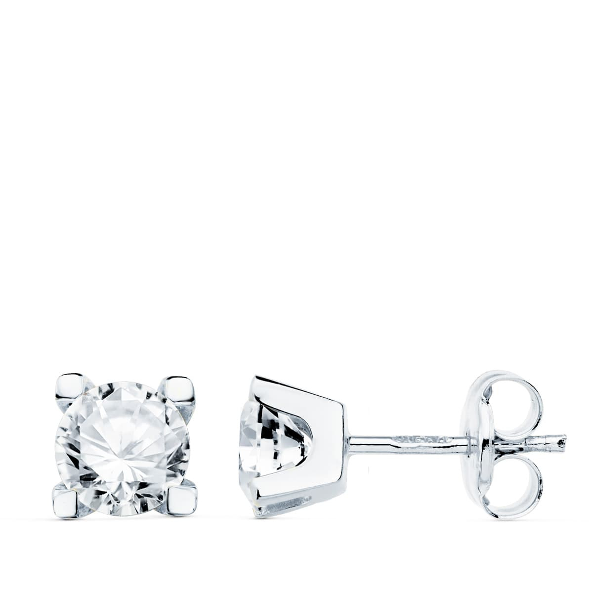 18K PENDIENTES ORO BLANCO CIRCONITA 5 MM 4 GARRAS CIERRE PRESION 1