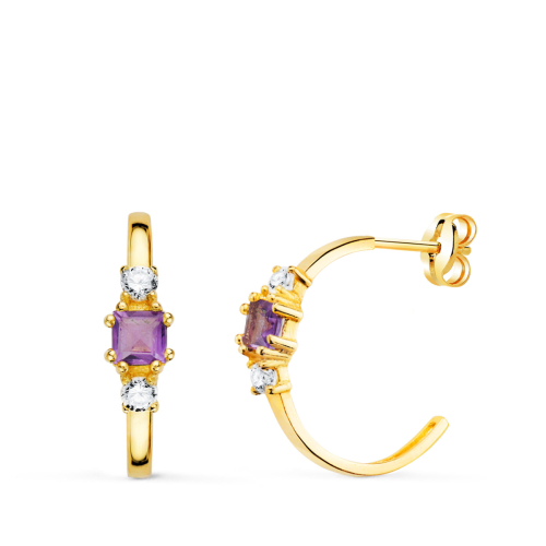 18K PENDIENTES ORO AMARILLO MEDIO ARO AMATISTA CUADRADA Y CIRCONITAS. 14X3