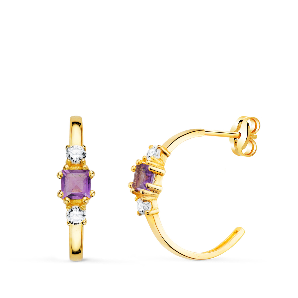 18K PENDIENTES ORO AMARILLO MEDIO ARO AMATISTA CUADRADA Y CIRCONITAS. 14X3