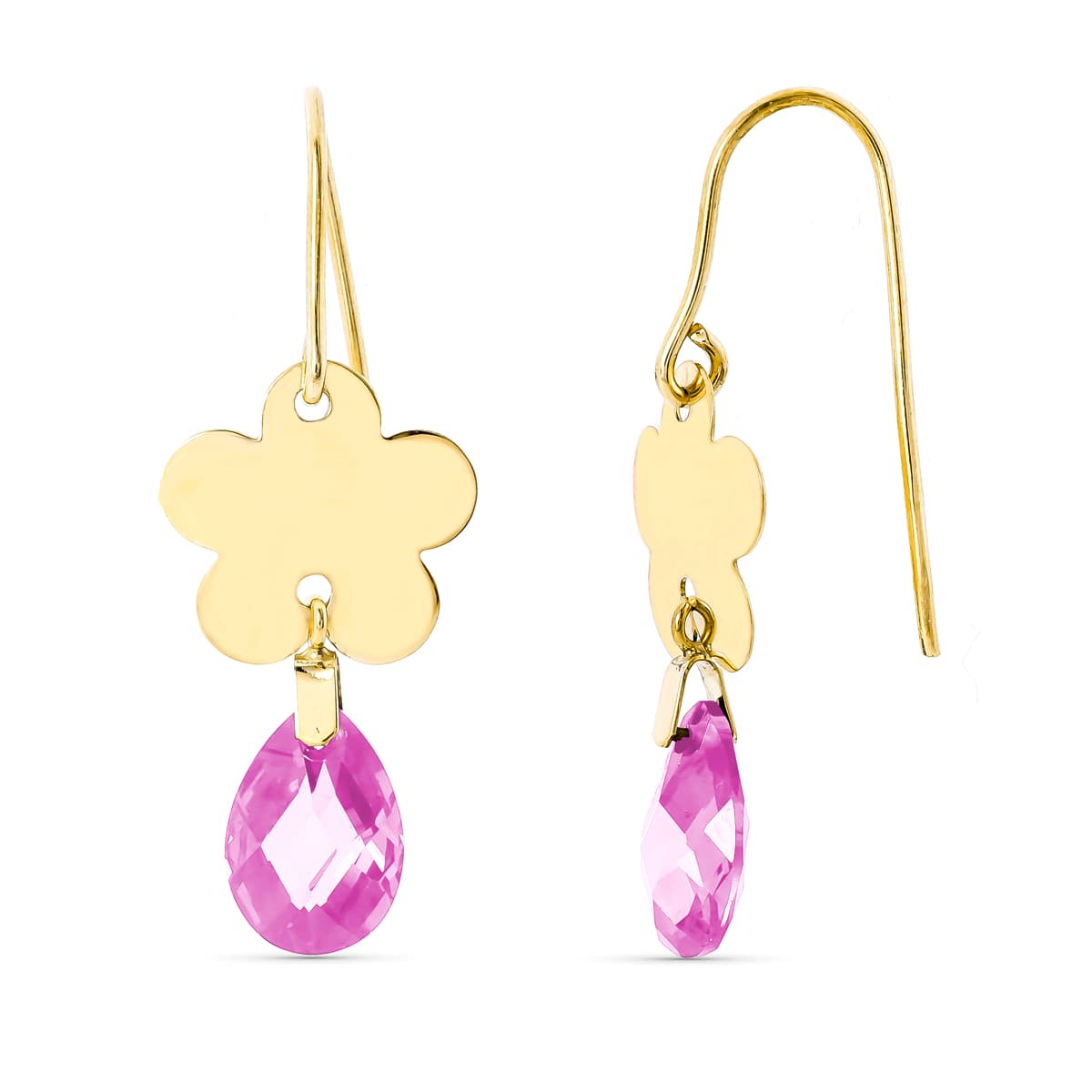 18K PENDIENTES ORO AMARILLO FLOR PIEDRA ROSA 10X7 MM CIERRE GANCHO 1