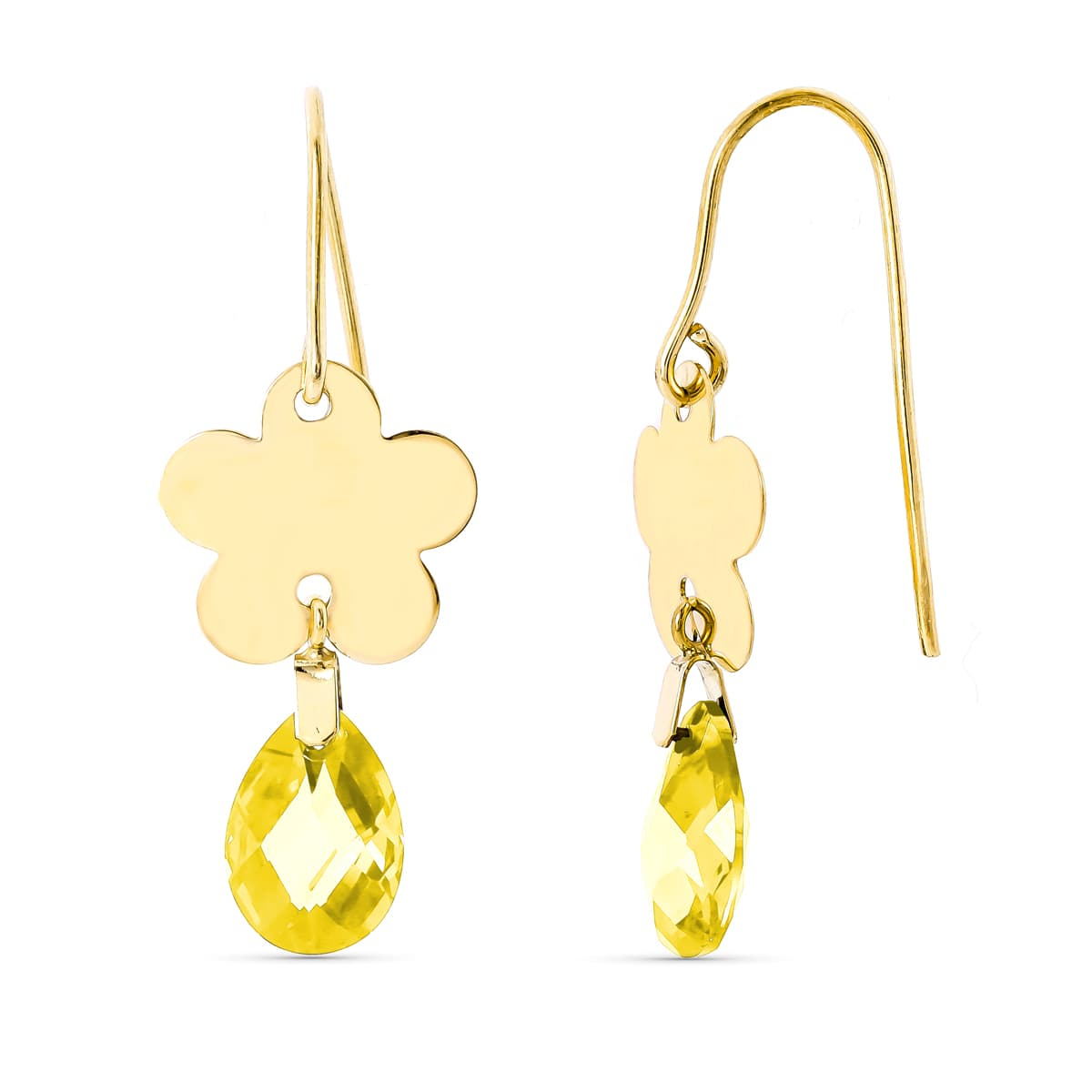 18K PENDIENTES ORO AMARILLO FLOR PIEDRA CITRINO 10X7 MM CIERRE GANCHO 1