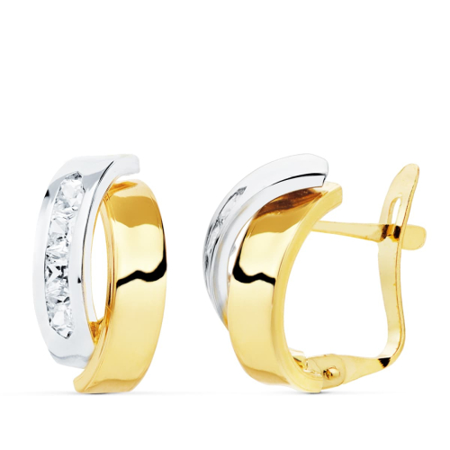 18K PENDIENTES ORO BICOLOR BANDAS Y CIRCONITA 15X8 MM CIERRE CATALAN 1