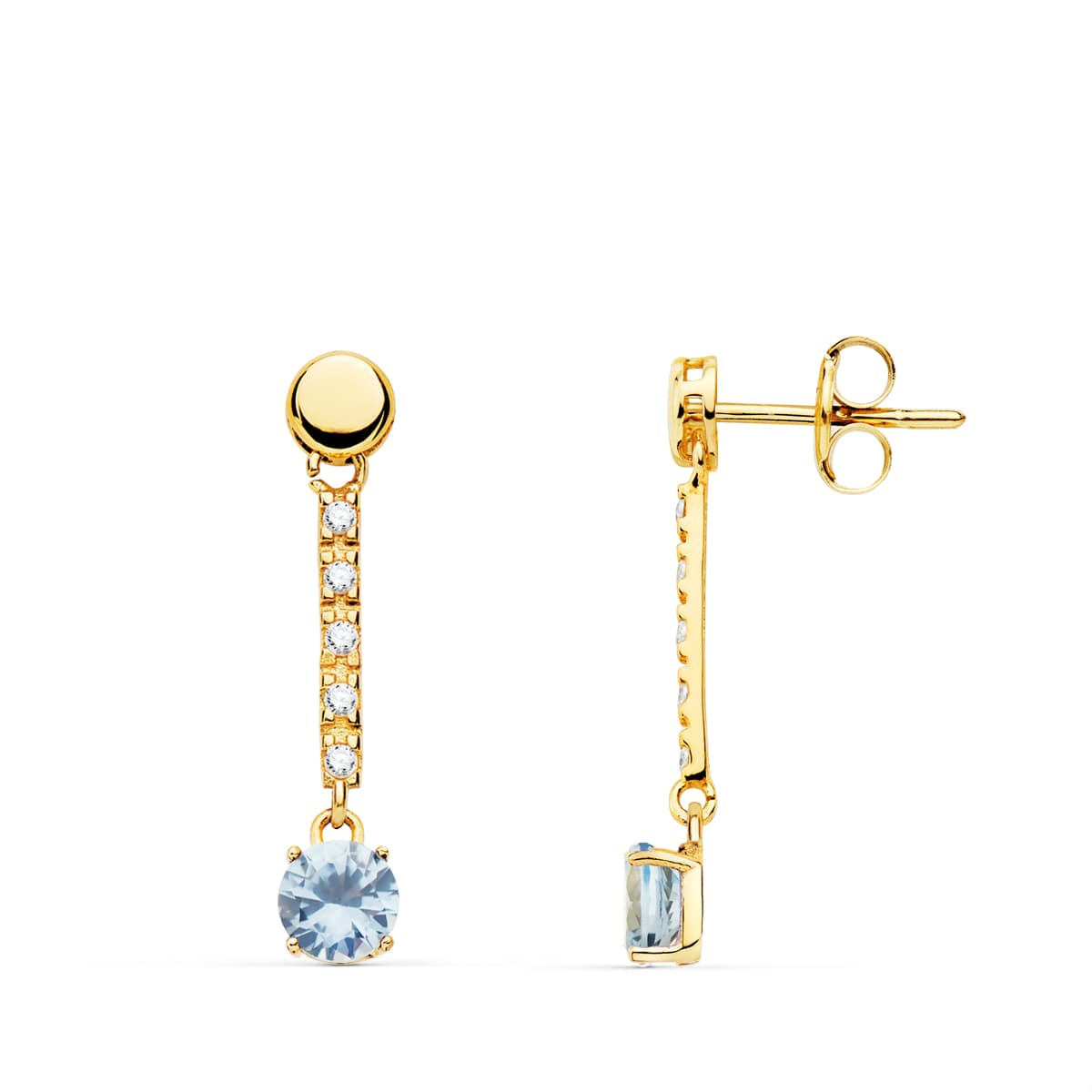 18K PENDIENTES ORO AMARILLO PIEDRA REDONDA COLOR AGUAMARINA 25X5 MM CIERRE PRESION 1