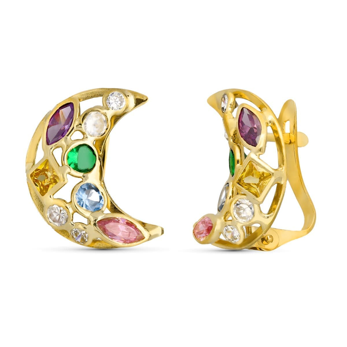18K PENDIENTES ORO AMARILLO LUNA CIRCONITA COLOR 14X10 MM CIERRE CATALAN 1
