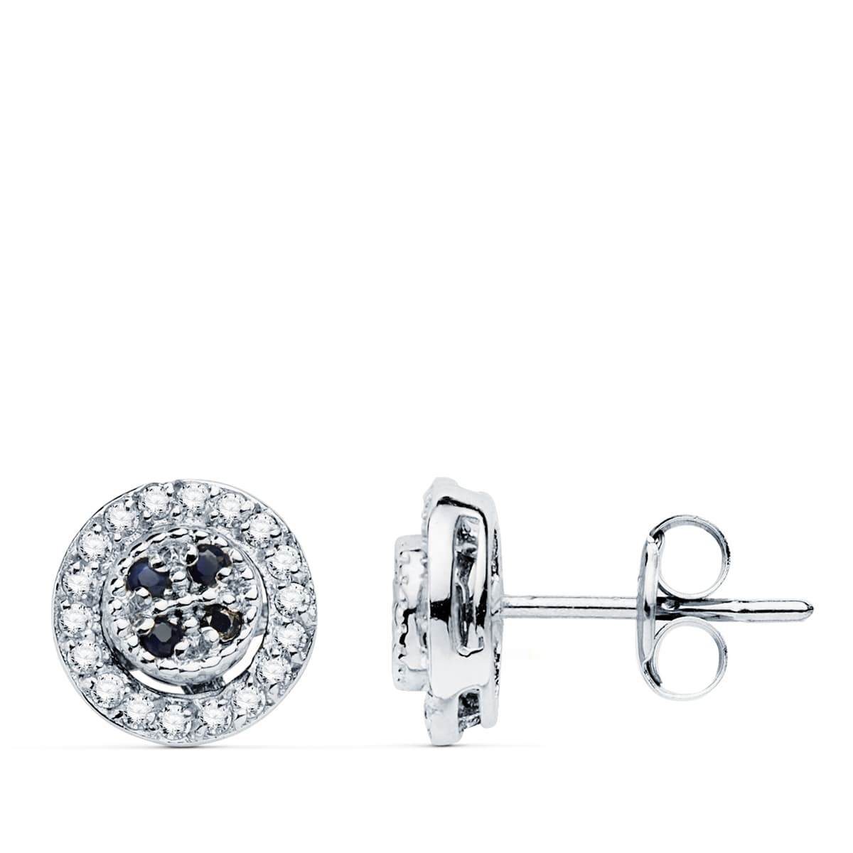 18K PENDIENTES ORO BLANCO REDONDO CIRCONITA Y ZAFIROS 8 MM CIERRE PRESION 1
