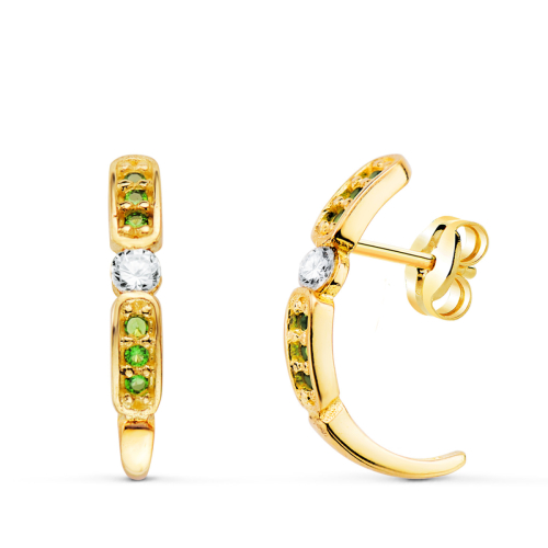18K PENDIENTES ORO AMARILLO MEDIO ARO ABIERTO CON CIRCONTIAS VERDES 16 X 3 MM. CIERRE PRESION 1
