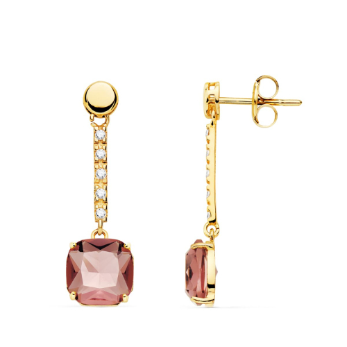 18K PENDIENTES ORO AMARILLO PIEDRA CUADRADA COLOR KUNCITA 28X8 MM CIERRE PRESION 2