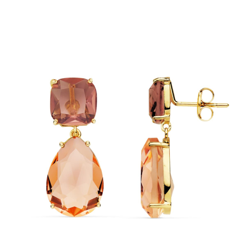 18K PENDIENTES ORO AMARILLO PIEDRA PERA COLOR ALEJANDRITA Y KUNCITA 24X10 MM CIERRE PRESION 2