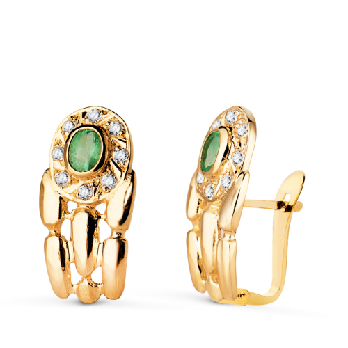 18K PENDIENTES ORO AMARILLO PANTER CON ESMERALDA Y CIRCONITAS. 16 X 8 MM. CIERRE CATALAN 2