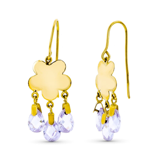 18K PENDIENTES ORO AMARILLO LARGO FLOR 3 PIEDRAS COLOR MALVA CIERRE GANCHO 2