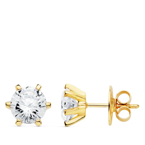 18K PENDIENTES ORO AMARILLO 6 GARRAS CIRCONITA 8X8 MM CIERRE PRESION 2