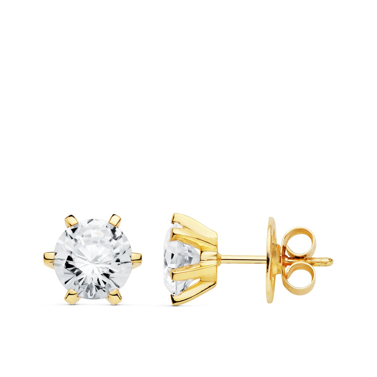 18K PENDIENTES ORO AMARILLO 6 GARRAS CIRCONITA 8X8 MM CIERRE PRESION 2