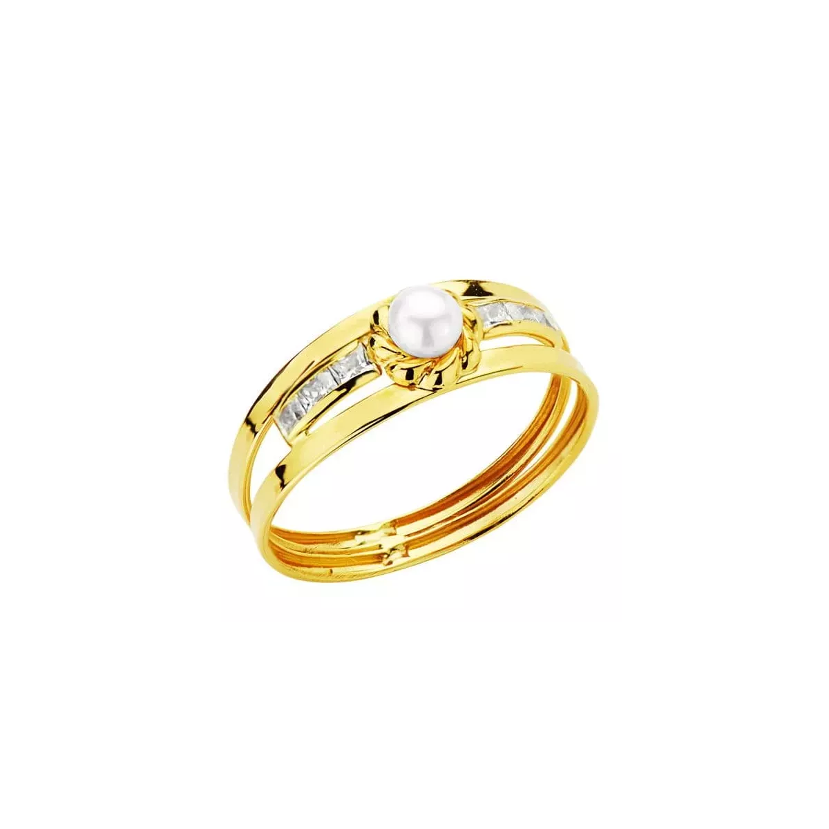 18K SORTIJA ORO AMARILLO DOBLE CUERPO CON PERLA DE 3 MM Y CIRCONITAS EN CARRIL. ANCHO: 6 MM 1