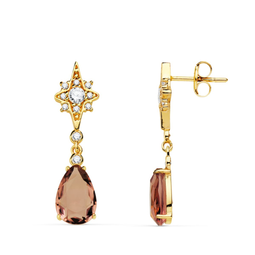 18K PENDIENTES ORO AMARILLO ESTRELLAS PIEDRA PERA COLOR ALEJANDRITA 29X7 MM CIERRE PRESION 2