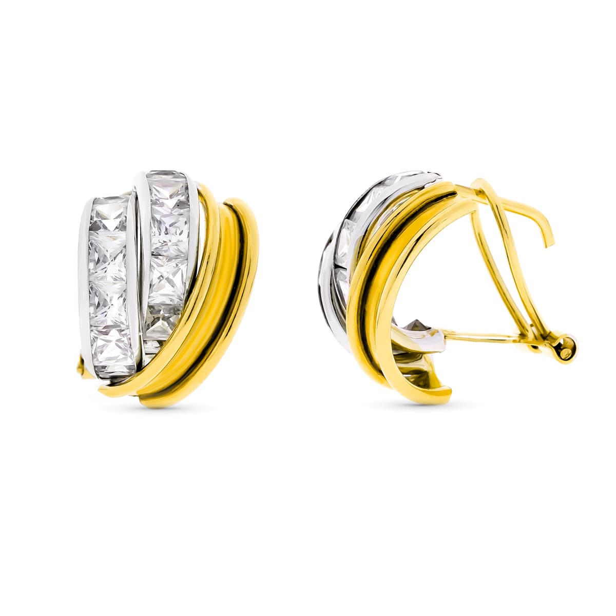 18K PENDIENTES ORO BICOLOR BANDAS Y CIRCONITA CIERRE OMEGA 2