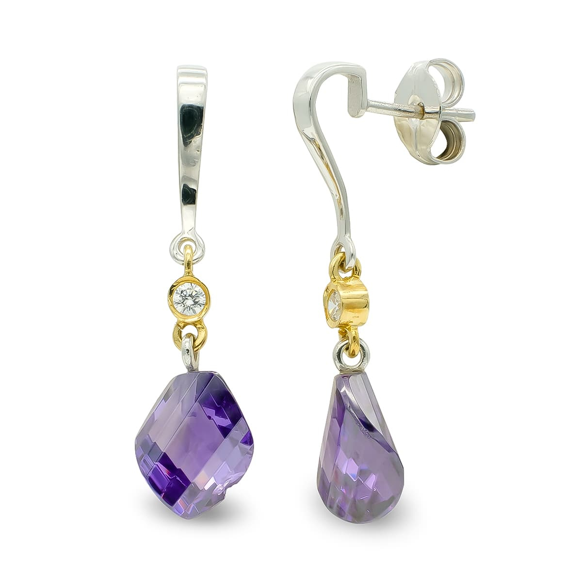 18K PENDIENTES ORO BICOLOR AMATISTA 11 MM CIRCONITA CIERRE PRESION 2