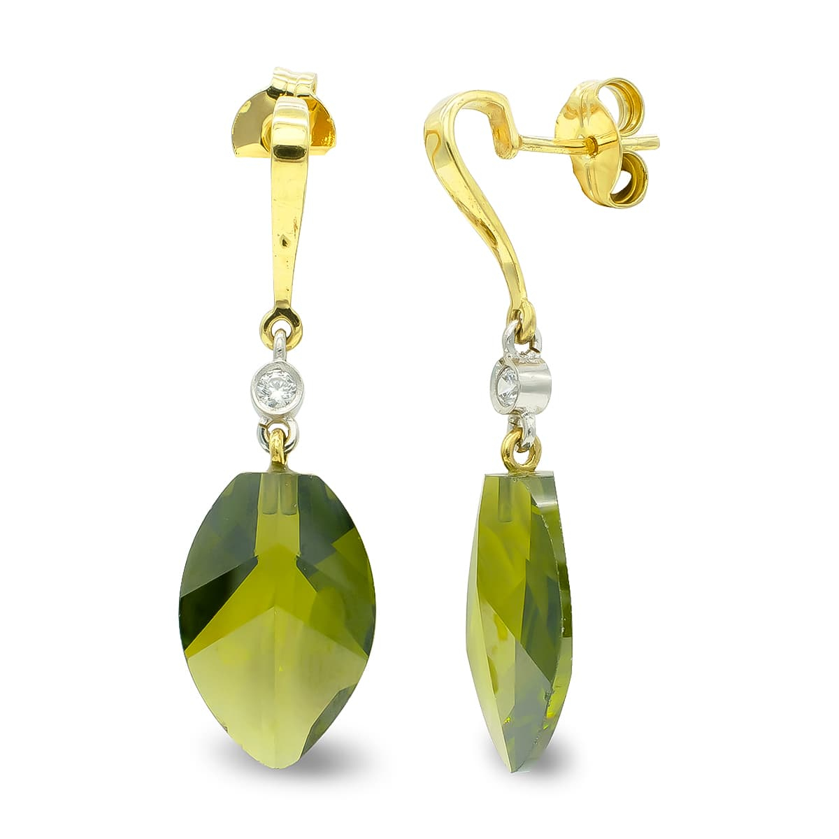 18K PENDIENTES ORO BICOLOR OLIVINA 18 MM CIRCONITA CIERRE PRESION 2