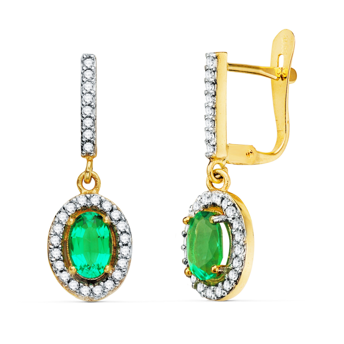 18K PENDIENTES ORO BICOLOR DOS CUERPOS ESMERALDA 6 X 4 MM Y CIRCONITAS. 22 X 8MM CIERRE CATALAN 2