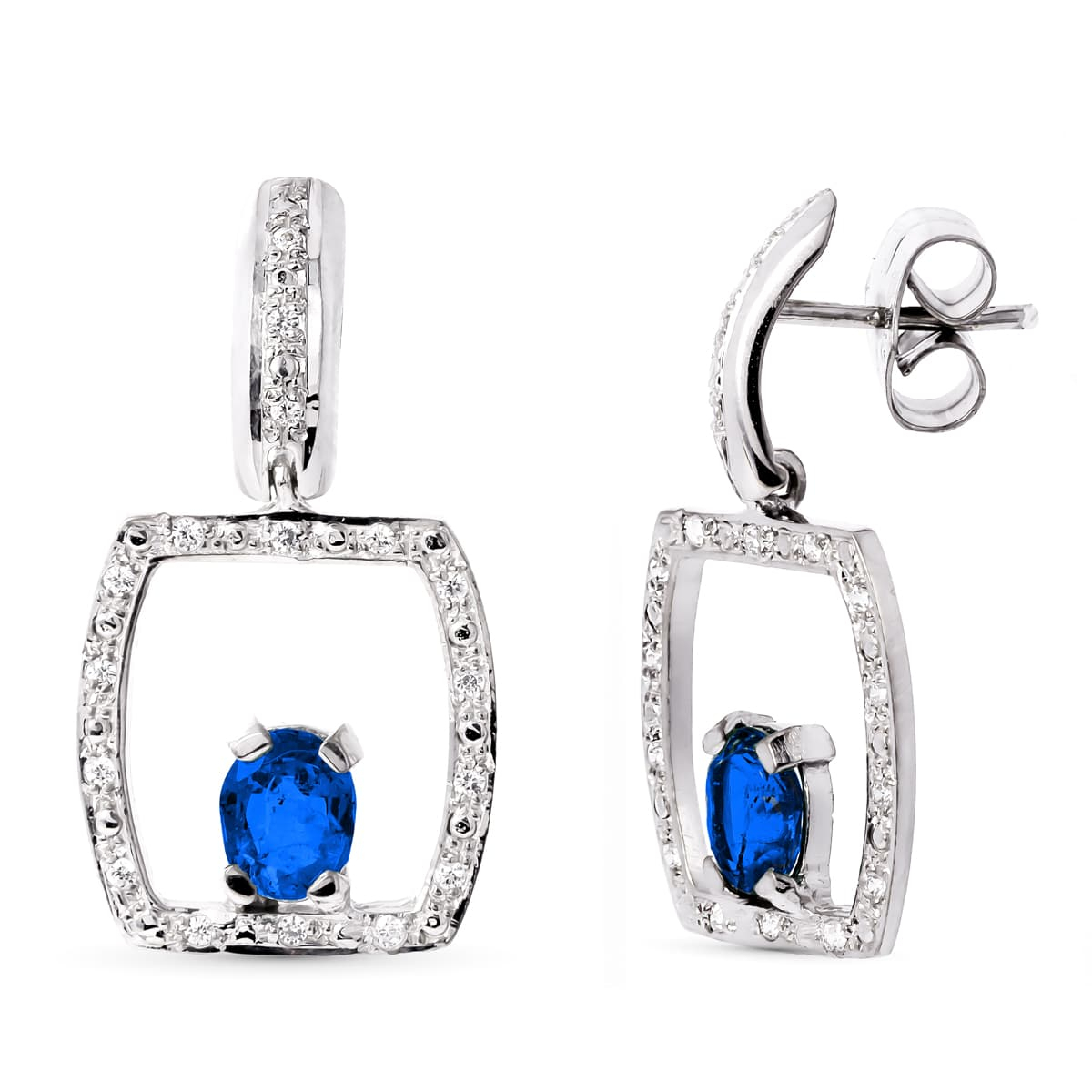 18K PENDIENTES ORO BLANCO ZAFIRO 5X4 MM CIERRE PRESION 2