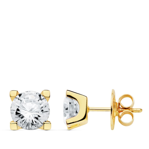 18K PENDIENTES ORO AMARILLO 4 GARRAS CIRCONITA 7X7 MM CIERRE PRESION 3