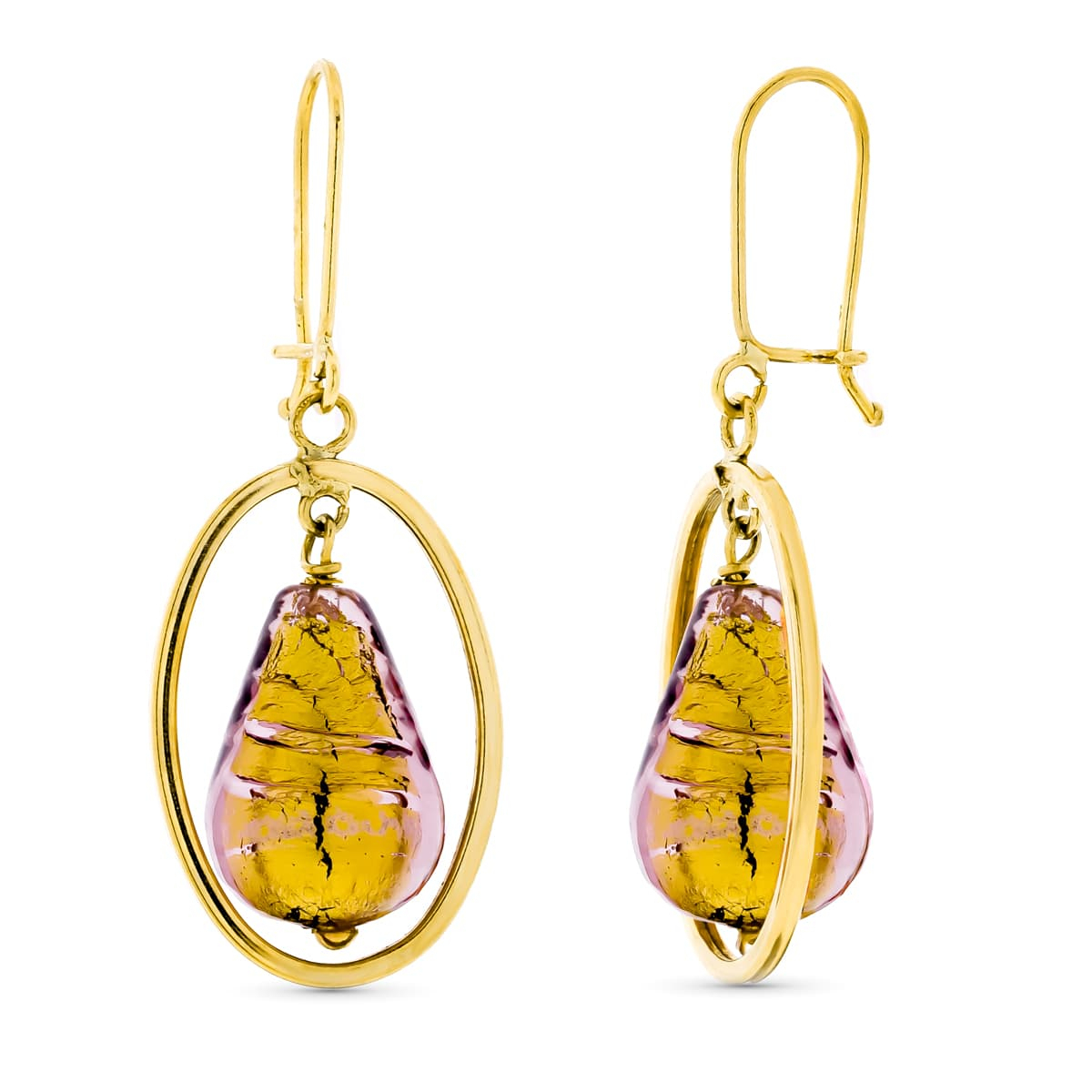 18K PENDIENTES ORO AMARILLO LARGO PIEDRA MURANO DORADA 12X8 MM CIERRE GANCHO 3