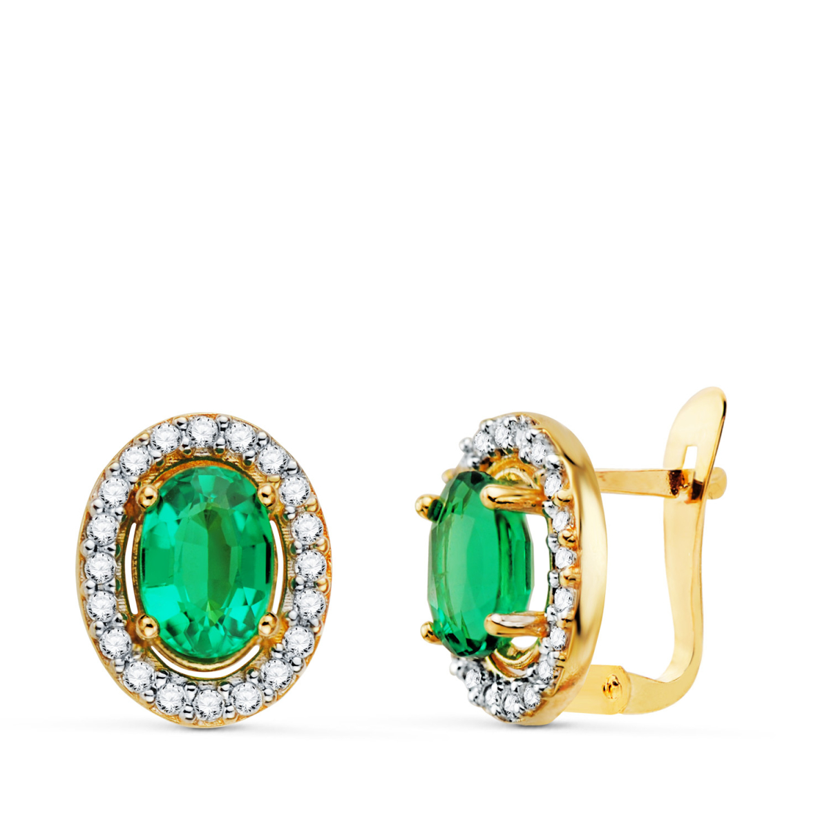 18K PENDIENTES ORO BICOLOR OVAL ESMERALDA 7X5 MM - 1.54 QT. 11X9 MM. CIERRE CATALAN 2