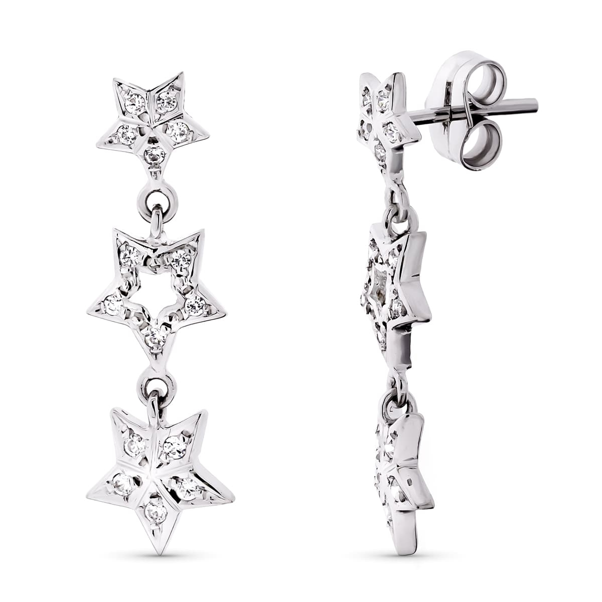 18K PENDIENTES ORO BLANCO LARGOS CIRCONITA Y ESTRELLAS. 27X8 MM CIERRE PRESION 3