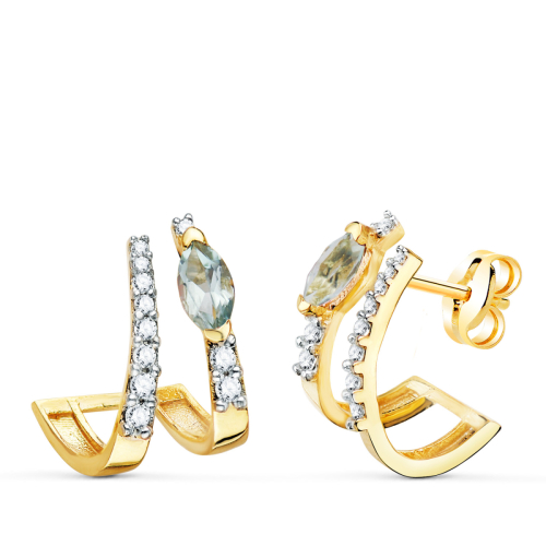 18K PENDIENTES ORO AMARILLO BANDAS CON CIRCONITA Y TOPACIO AZUL 15 X 11MM PRESION 3