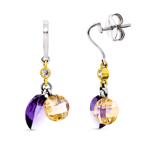 18K PENDIENTES ORO BICOLOR PIEDRAS AMATISTA Y KUNCITA CIERRE PRESION 3