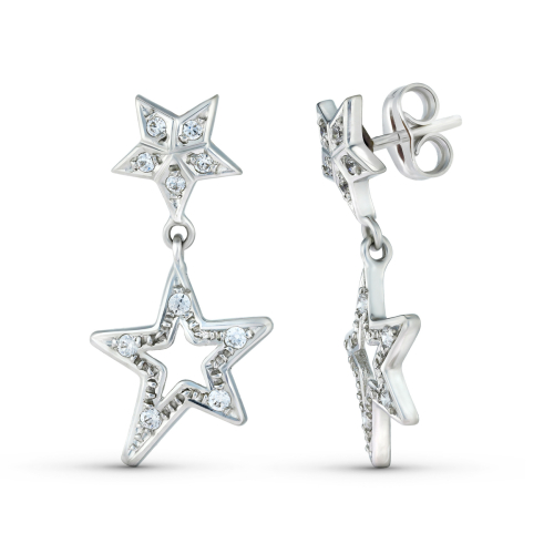 18K PENDIENTES ORO BLANCO DOS CUERPOS CON ESTRELLAS Y CIRCONTIAS 24X13 MM. CIERRE PRESION 3