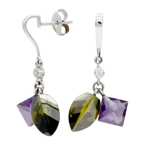 18K PENDIENTES ORO BLANCO OLIVINA Y AMATISTA CIERRE PRESION 3