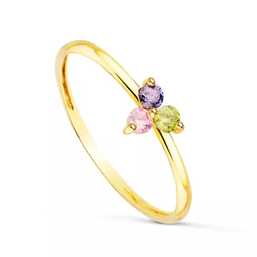 18K SORTIJA ORO AMARILLO TRIANGULO CON CIRCONITAS COLORES. ANCHO: 2