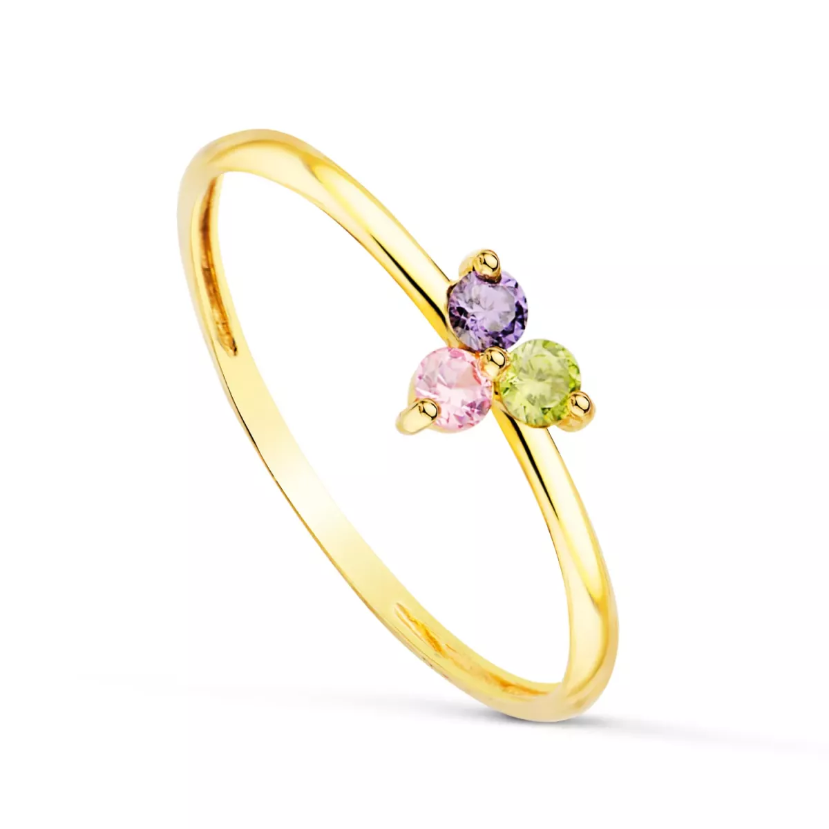 18K SORTIJA ORO AMARILLO TRIANGULO CON CIRCONITAS COLORES. ANCHO: 2