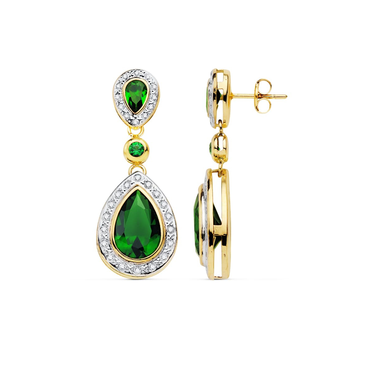 18K PENDIENTES ORO BICOLOR PIEDRAS 34X13 MM CIERRE PRESION 3