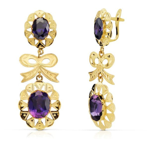 18K PENDIENTES ORO AMARILLO CUBANA LAZO AMATISTA 43X15 MM CIERRE CATALAN 3