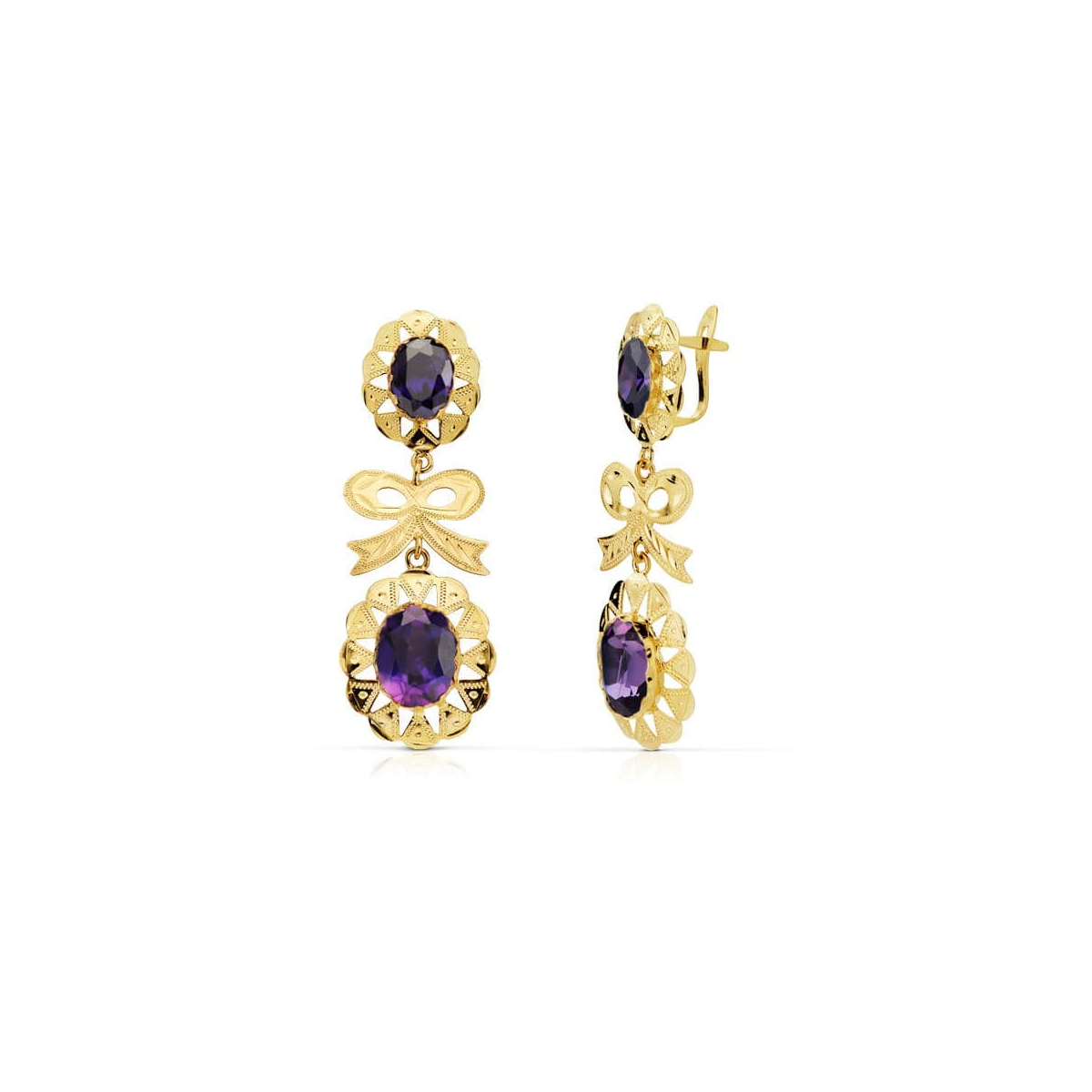 18K PENDIENTES ORO AMARILLO CUBANA LAZO AMATISTA 43X15 MM CIERRE CATALAN 3