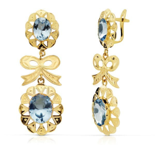 18K PENDIENTES ORO AMARILLO CUBANA LAZO AGUAMARINA 43X15 MM CIERRE CATALAN 3