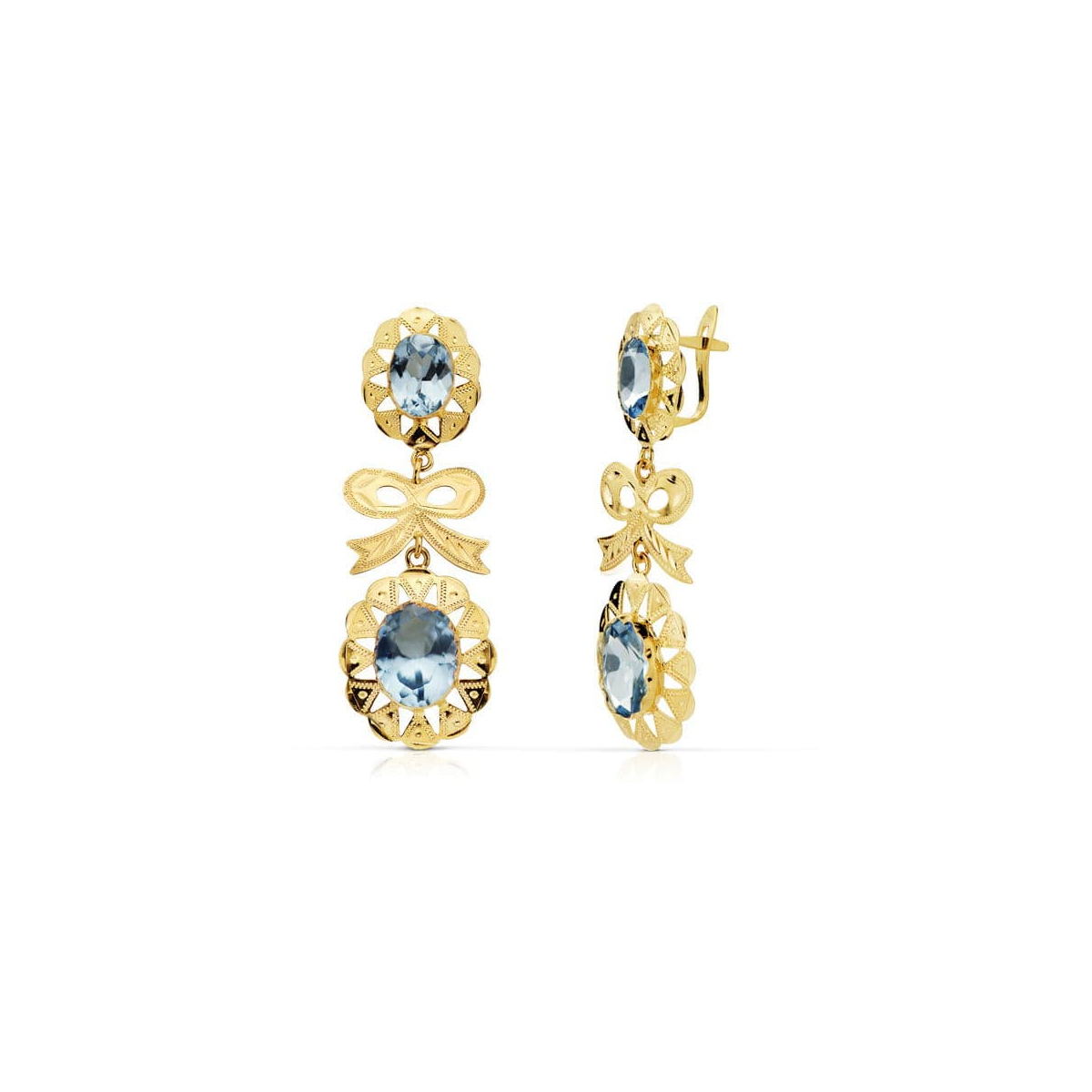18K PENDIENTES ORO AMARILLO CUBANA LAZO AGUAMARINA 43X15 MM CIERRE CATALAN 3