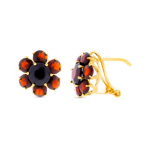 18K PENDIENTES ORO AMARILLO Y GRANATES 12X12 MM CIERRE OMEGA 4