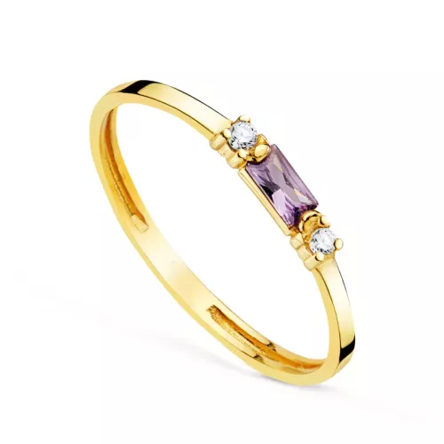 18K SORTIJA ORO AMARILLO AMATISTA NATURAL 4X2 MM Y CIRCONITAS. ANCHO: 2MM 1