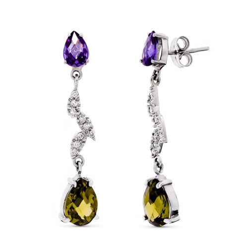 18K PENDIENTES ORO BLANCO LARGO PIEDRAS Y CIRCONITA 36X7 MM CIERRO PRESION 4