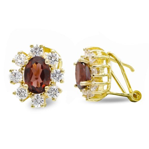 18K PENDIENTES ORO AMARILLO GRANATE 7X5 MM CIRCONITA CIERRE OMEGA 5