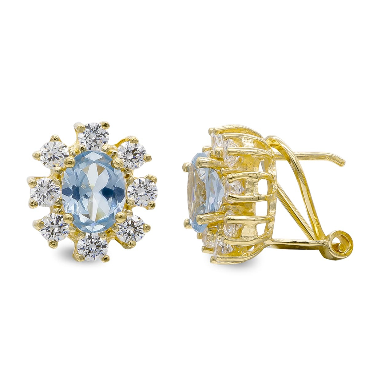 18K PENDIENTES ORO AMARILLO AGUAMARINA 7X5 MM CIRCONITA CIERRE OMEGA 5