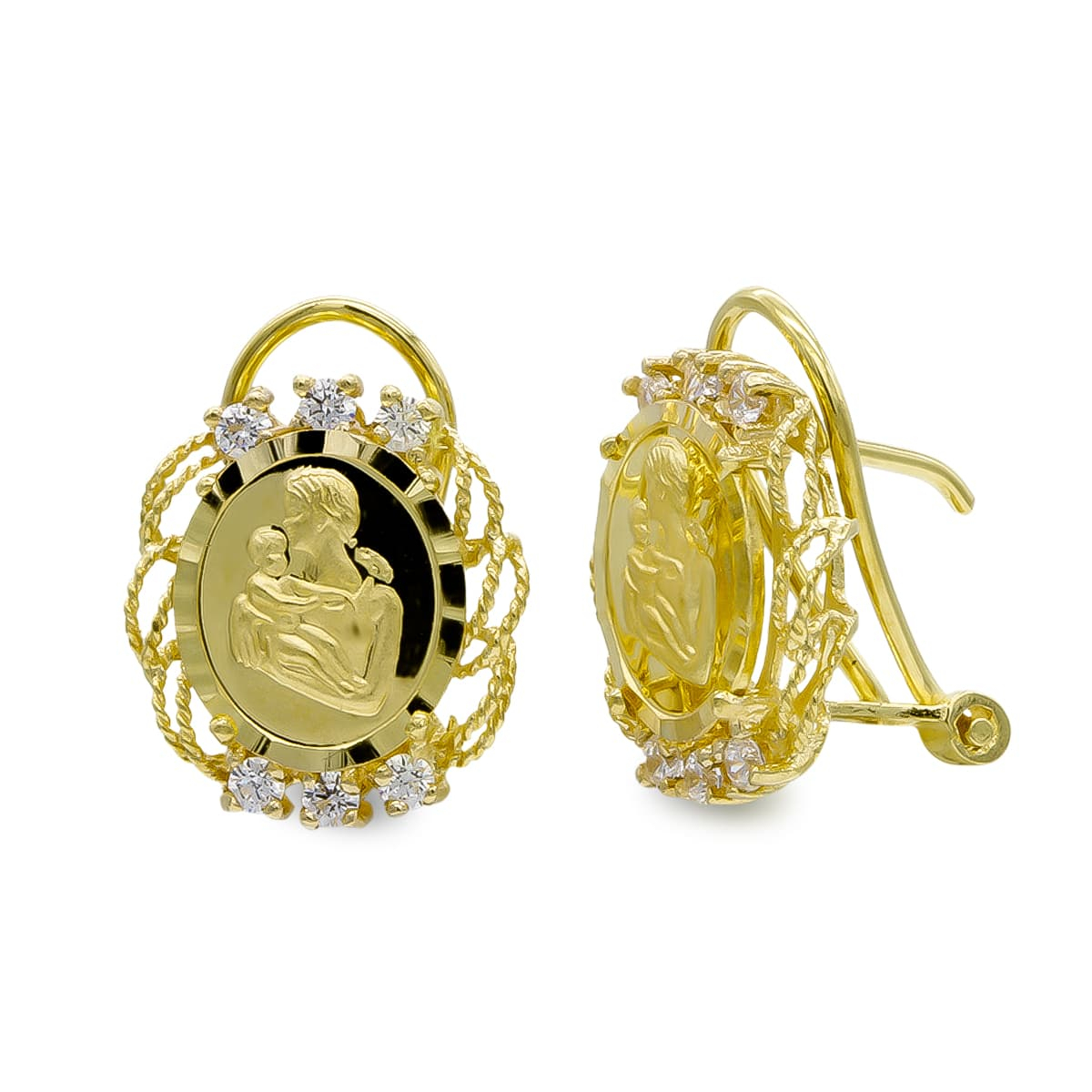 18K PENDIENTES ORO AMARILLO MONEDA MADRE CIRCONITA CIERRE OMEGA 5
