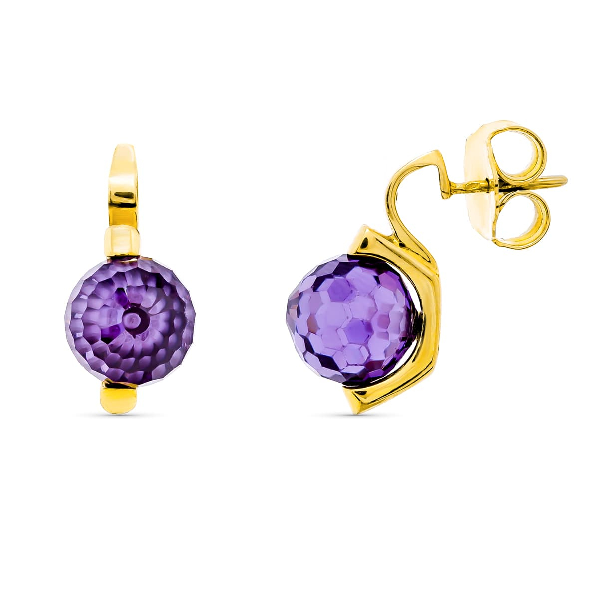 18K PENDIENTES ORO AMARILLO PIEDRA COLOR MORADA 10 MM CIERRE PRESION 5