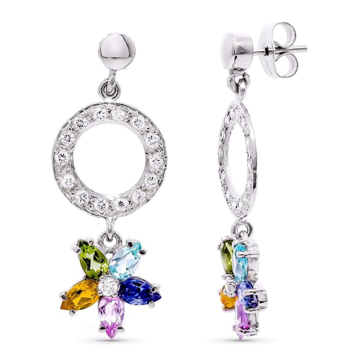 18K PENDIENTES LARGOS ORO BLANCO Y PIEDRAS DE COLORES.36X14 MM CIERRE PRESION 4