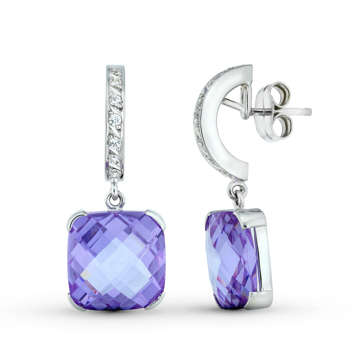 18K PENDIENTES ORO BLANCO PIEDRA COLOR AMATISTA 30X12 MM CIERRE PRESION 5