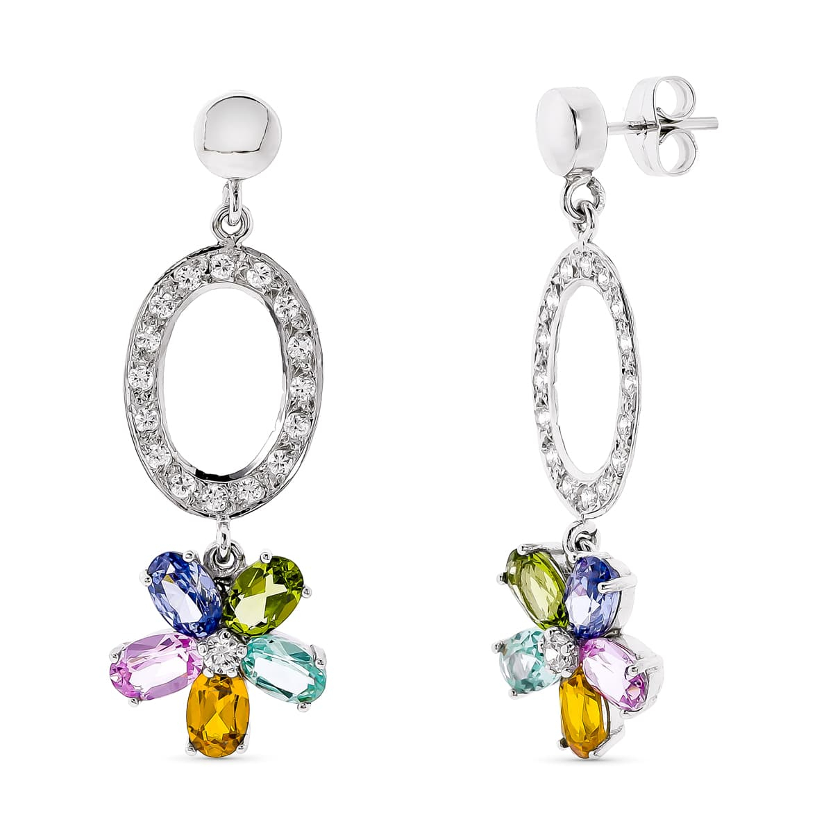 18K PENDIENTES LARGOS ORO BLANCO PIEDRAS COLOR 42X13 MM CIERRE PRESION 5